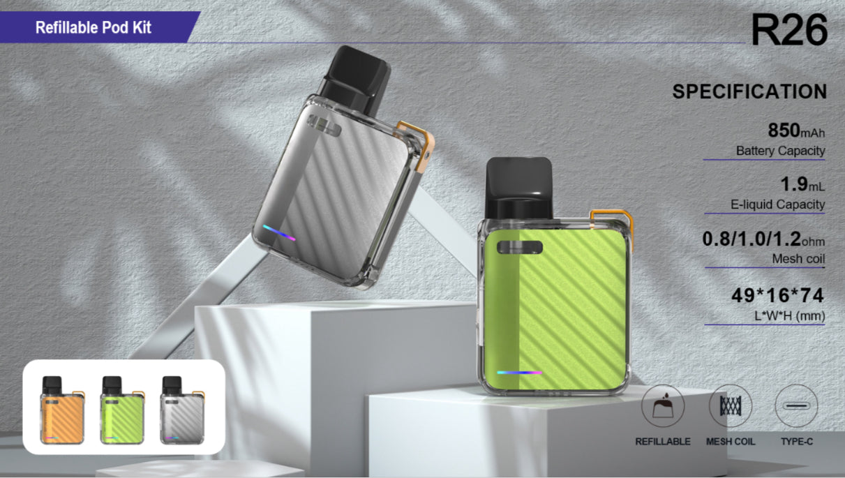 R26 Compact Refillable Pod Kit - 850mAh, 1.9mL, Mesh Coil (0.8/1.0/1.2 ohm)