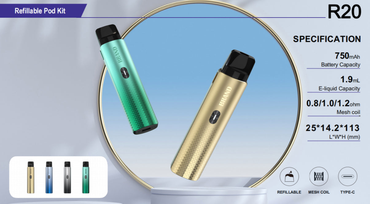 R20 Sleek Refillable Pod Kit - 750mAh, 1.9mL, Mesh Coil